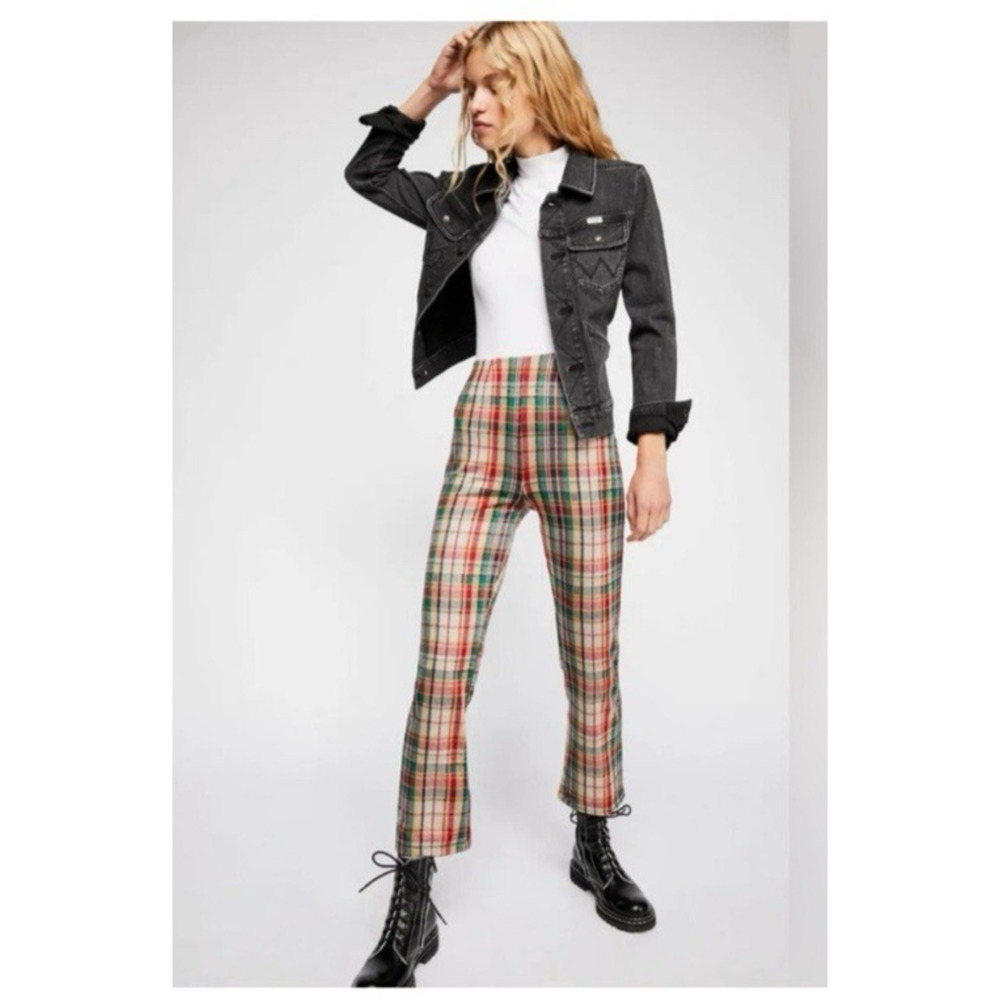 Free People Clean Crop Flare Plaid Pants Red and Green Size 4 Stretch Festival